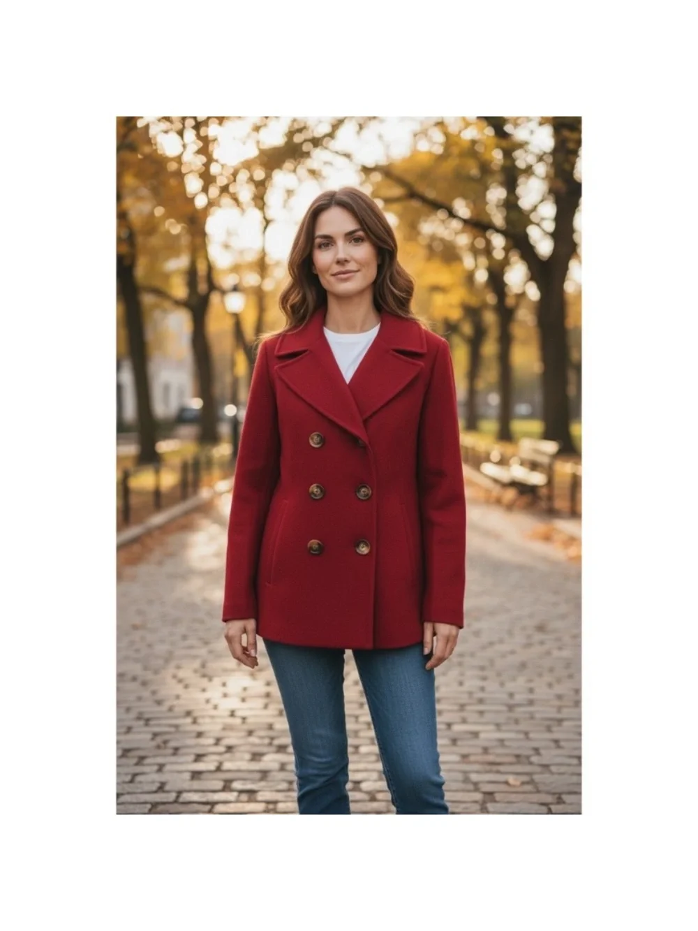 Michael Kors Wool Blend Double Breasted Burgandy Red Pea Coat with Logo Buttons